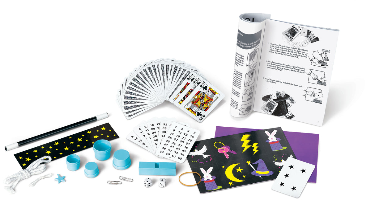 Contenido completo del Magic Kit 4M con manual ilustrado de 12 trucos