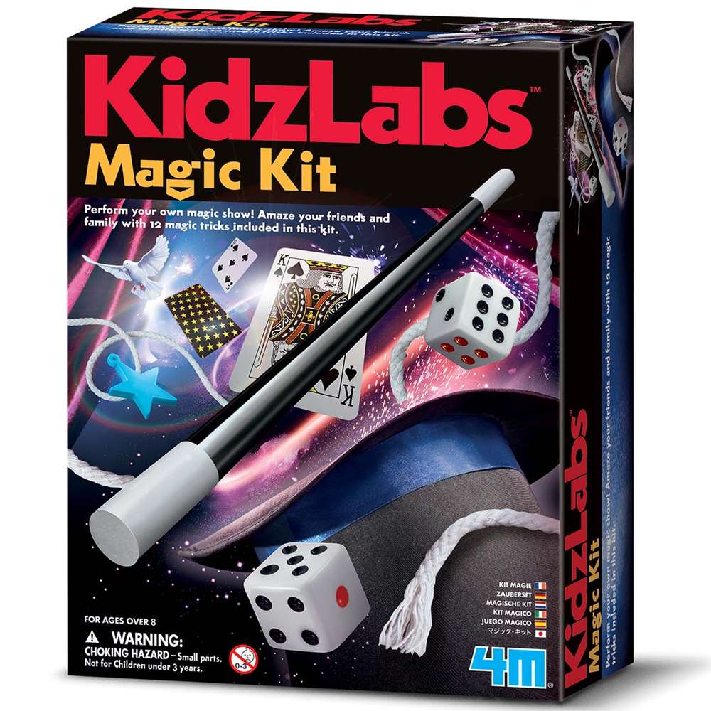 Caja del Magic Kit KidzLabs de 4M con varita, dados y cartas en la portada