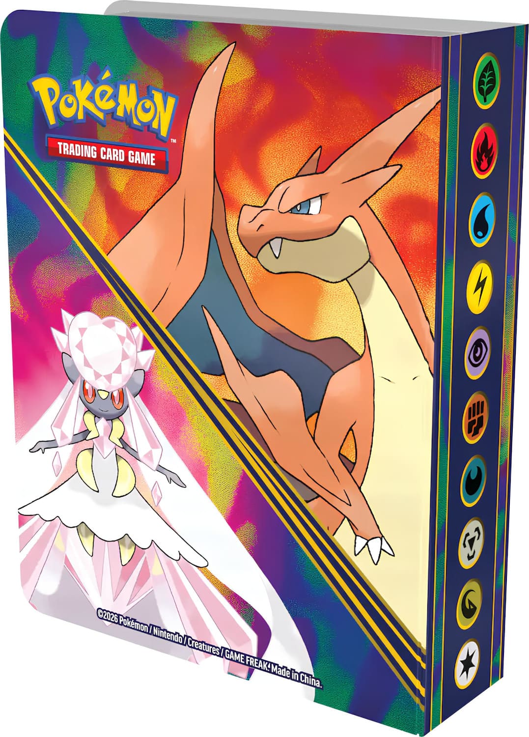 Contraportada del mini portafolio Pokémon con Mega Charizard Y y Mega Diancie