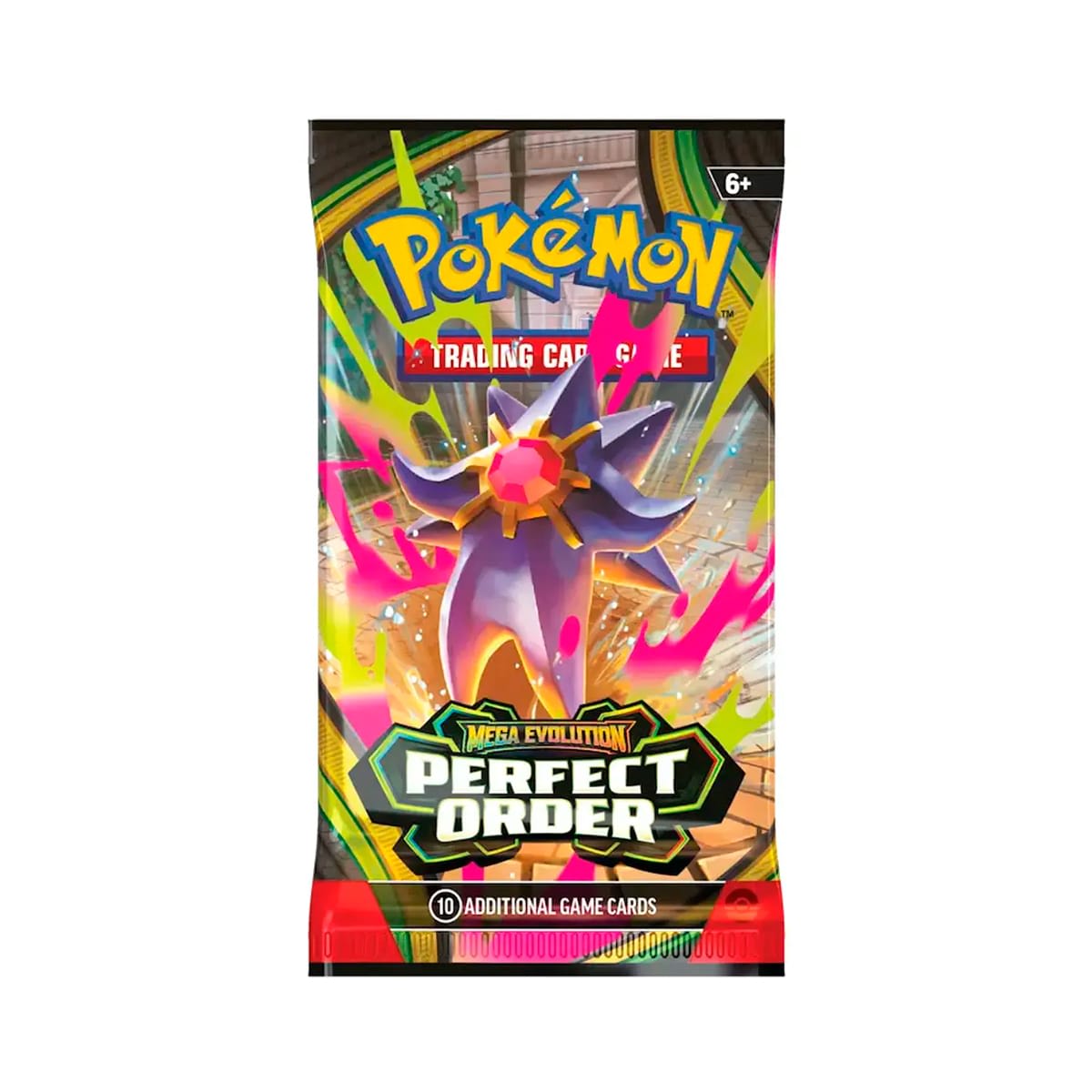 Sobre Pokémon TCG Mega Evolution Perfect Order con Mega Starmie y 10 cartas