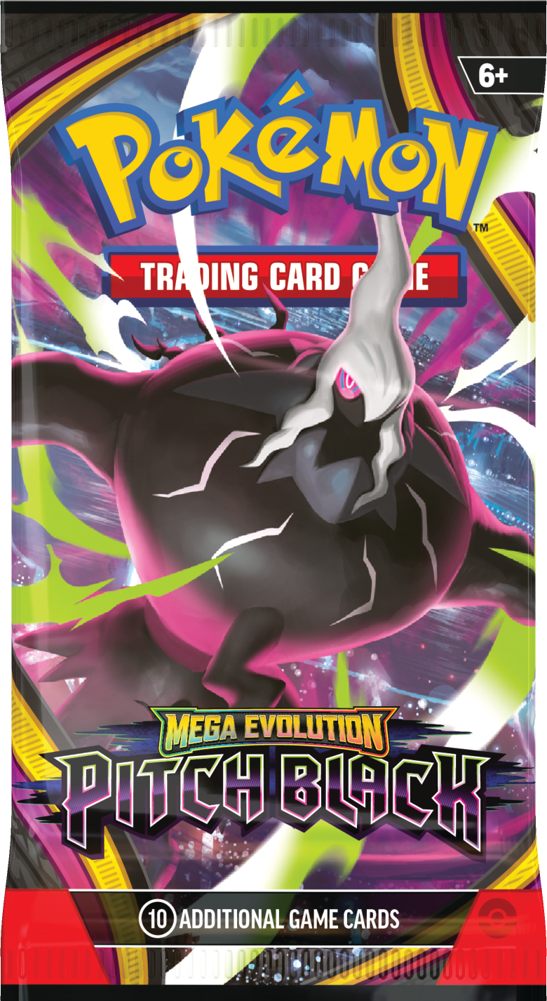 Sobre Pokémon TCG Mega Evolution Pitch Black en inglés con Mega Darkrai en la portada