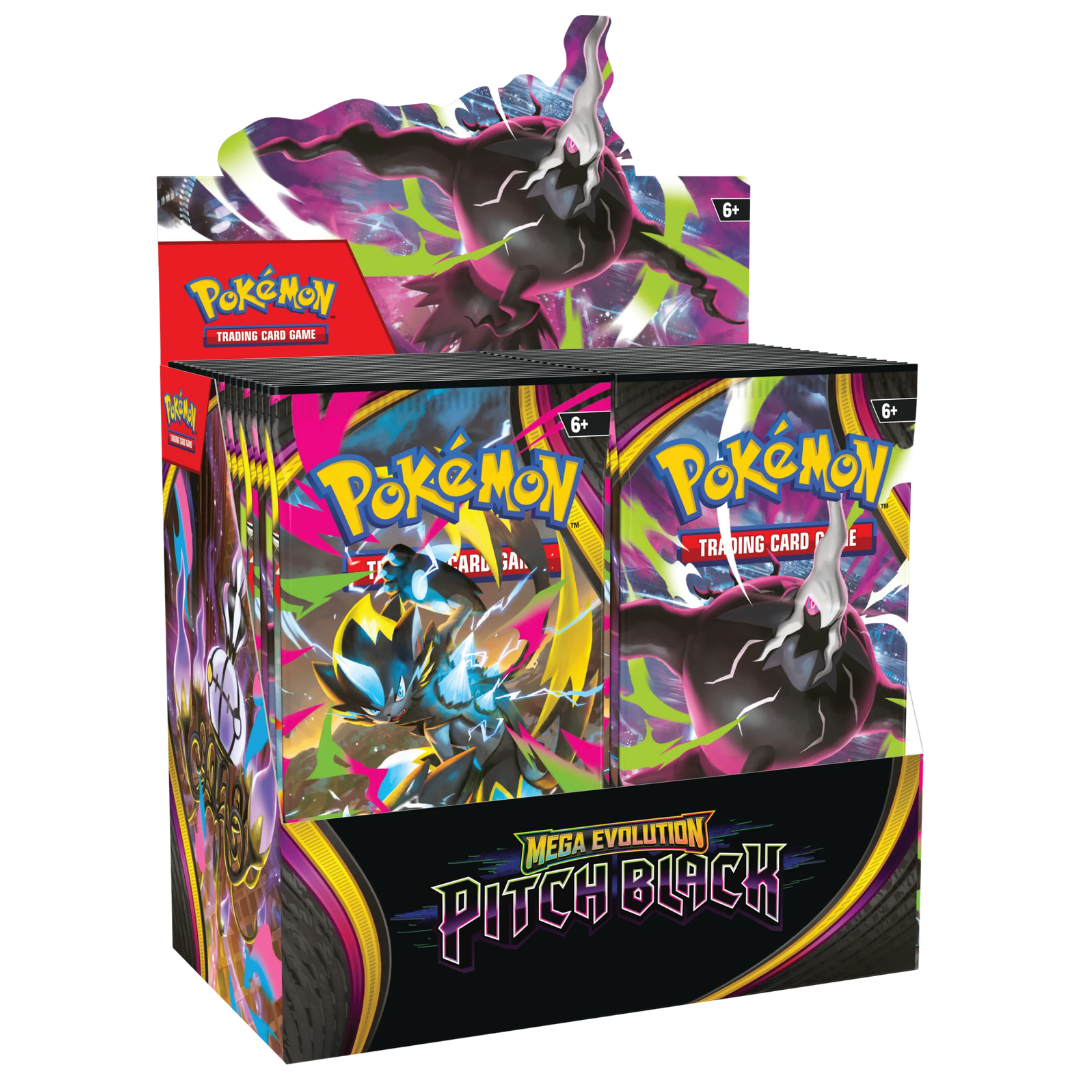 Display de sobres Pokémon Pitch Black con los diseños de Mega Darkrai y Mega Zeraora