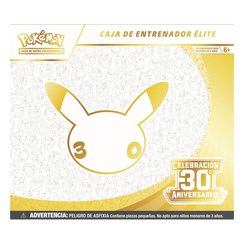 Frente de la Caja de entrenador élite Pokémon Celebración 30.º Aniversario con Pikachu dorado