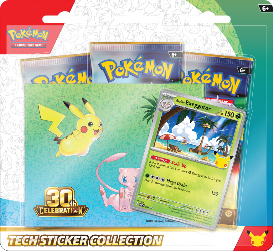 Blíster Pokémon 30th Celebration Tech Sticker Collection versión Alolan Exeggutor con 3 sobres