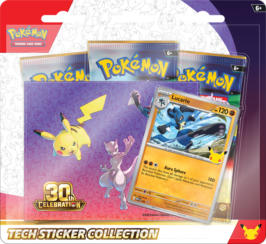 Blíster Pokémon 30th Celebration Tech Sticker Collection versión Lucario con Pikachu y Mewtwo