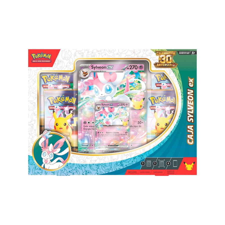 Caja Sylveon ex Pokémon TCG Celebración 30.º Aniversario en español con 4 sobres a la vista