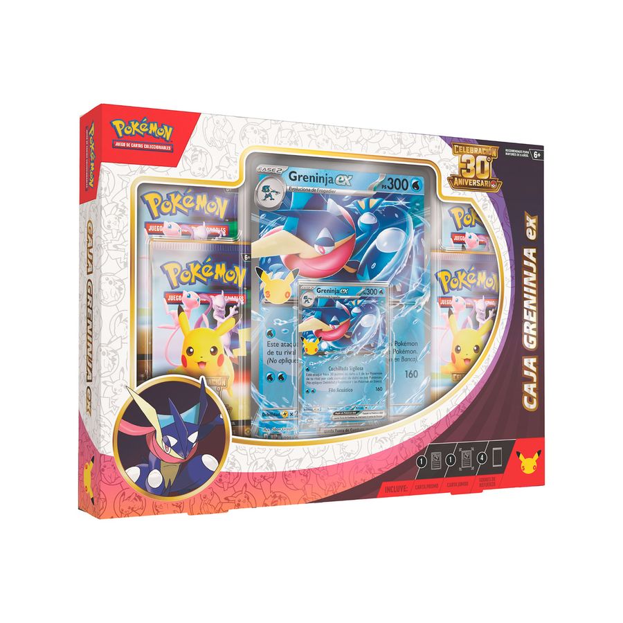 Caja Greninja ex del 30 aniversario de Pokémon vista en ángulo con carta promo y sobres