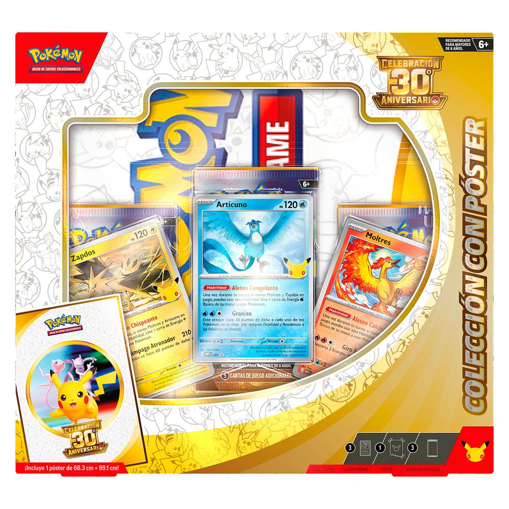 Caja Colección con póster Pokémon 30.º Aniversario en español con cartas de Articuno, Zapdos y Moltres