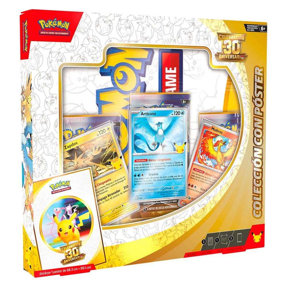 Vista en ángulo de la caja Colección con póster Celebración 30.º Aniversario de Pokémon
