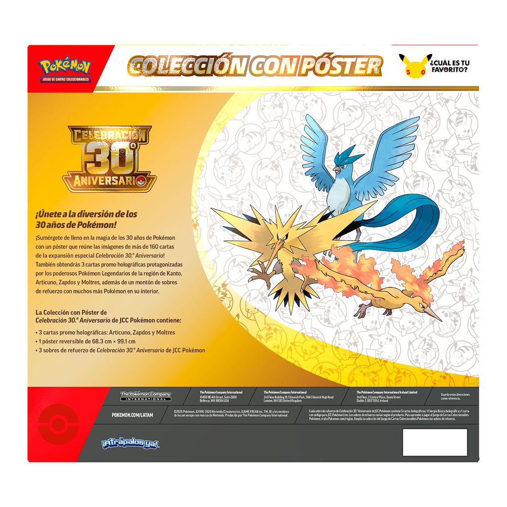 Reverso de la caja Colección con póster con ilustración de Articuno, Zapdos y Moltres