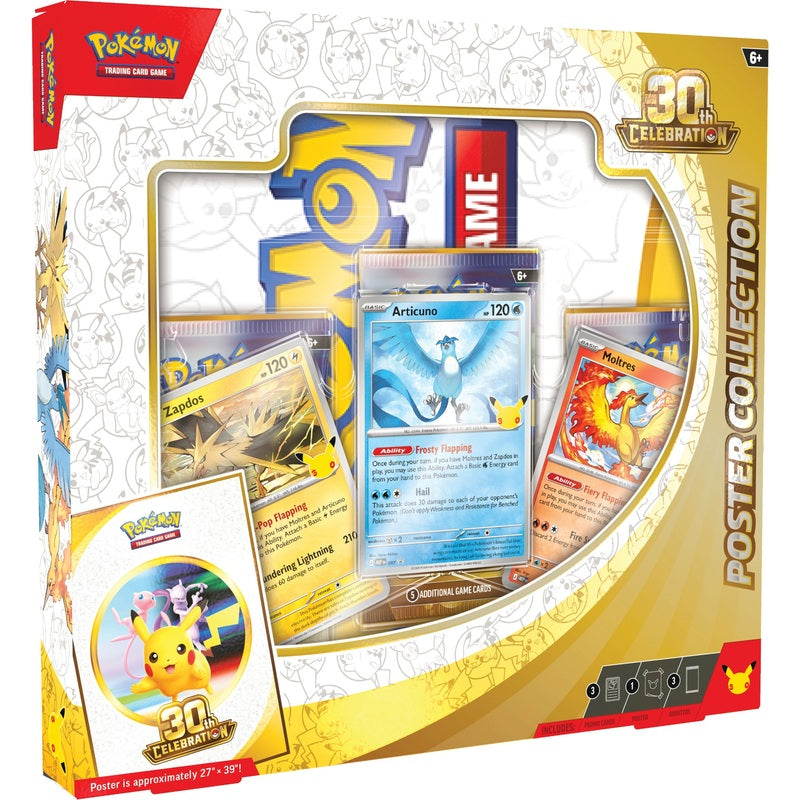 Caja Pokémon TCG 30th Celebration Poster Collection con cartas de Articuno, Zapdos y Moltres