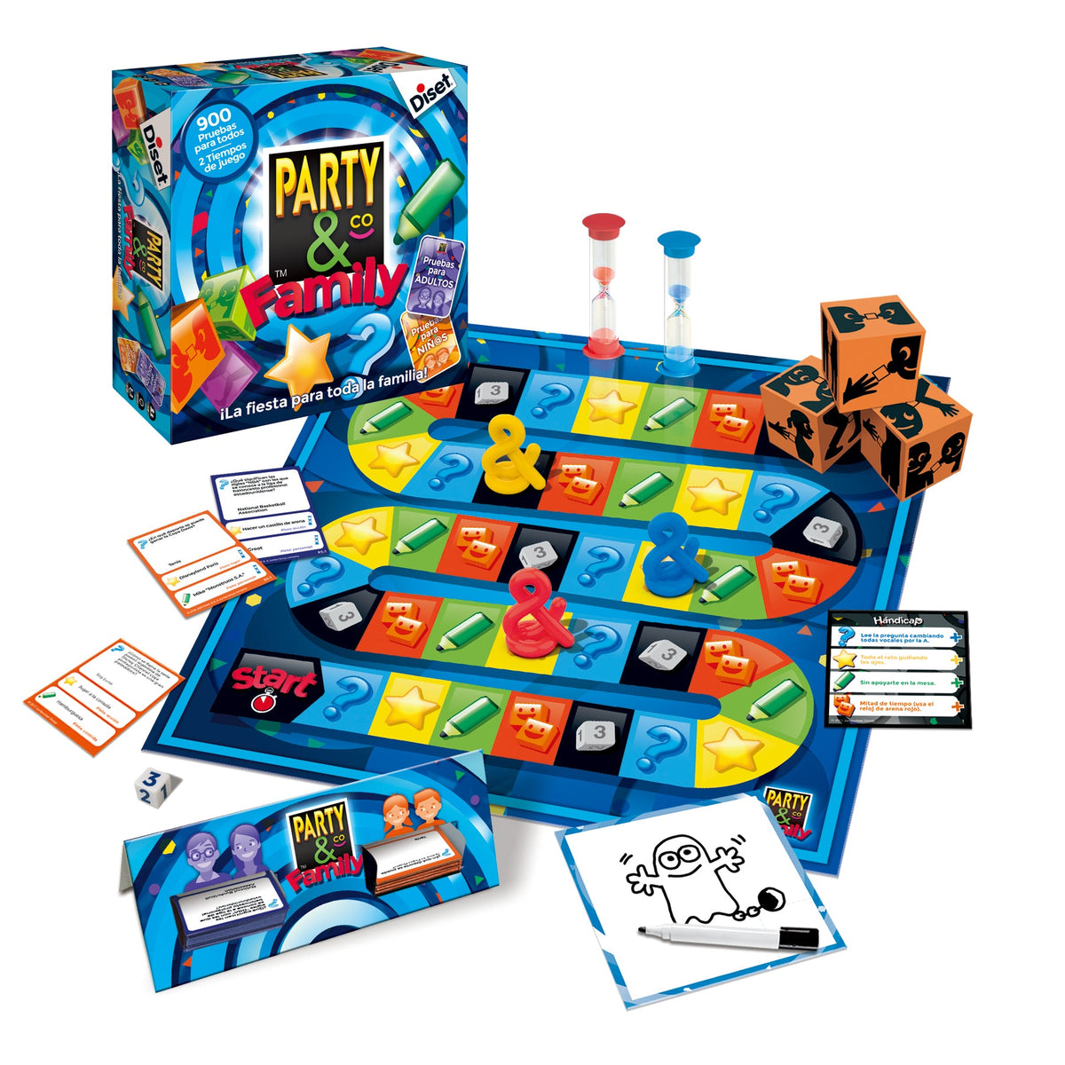 Contenido de Party & Co Family: tablero, tarjetas, Partycubos, relojes de arena y pizarra