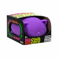 NeeDoh Cool Cats de Schylling en su caja, squishy con forma de gato color morado