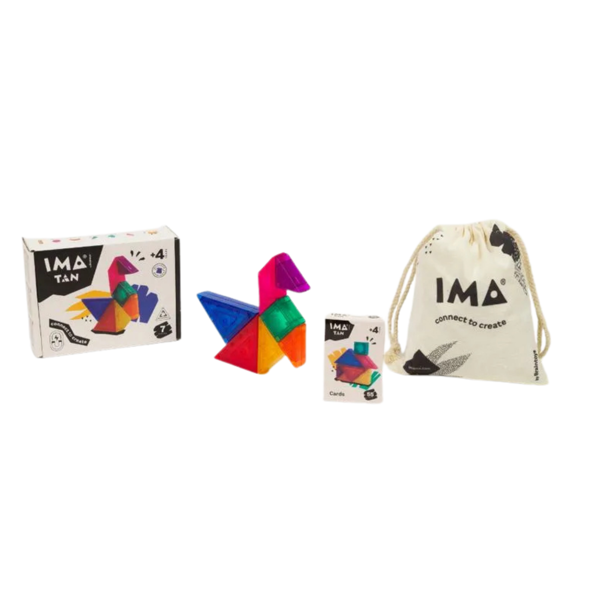 Caja Imatan de Imanix junto a figura de ave armada con piezas magnéticas, tarjetas y bolsa de tela