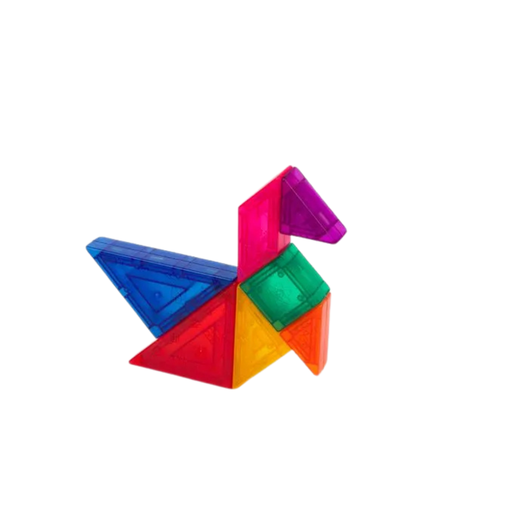 Ave armada con las 7 piezas magnéticas translúcidas de colores del tangram Imatan