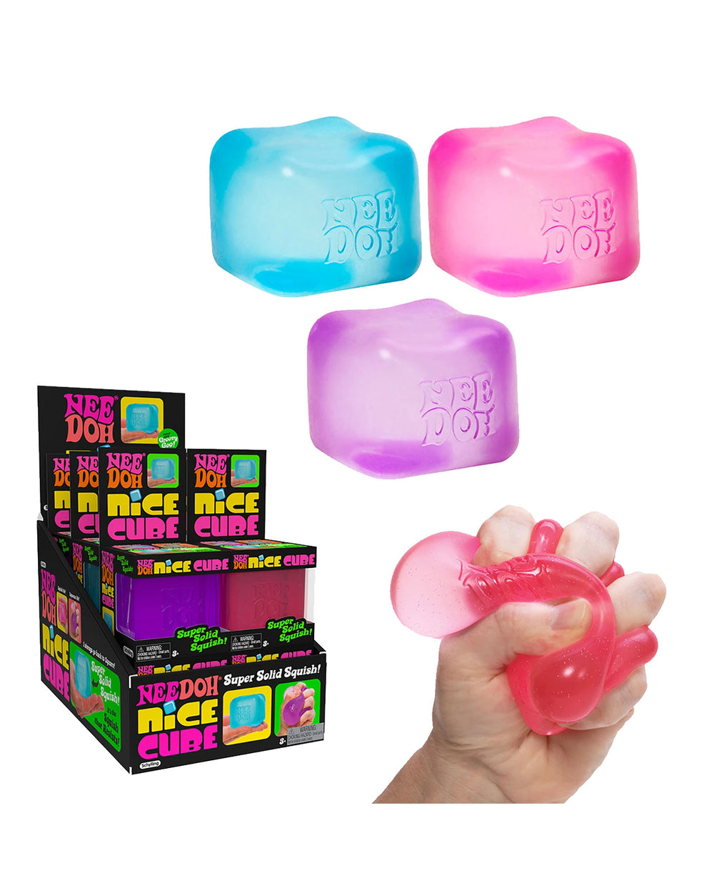 Colores surtidos del NeeDoh Nice Cube y mano apretando un cubo rosado