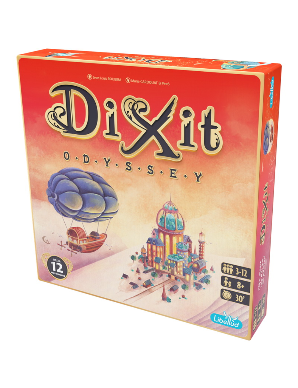 Caja del juego Dixit Odyssey edición renovada con globo aerostático y ciudad ilustrada