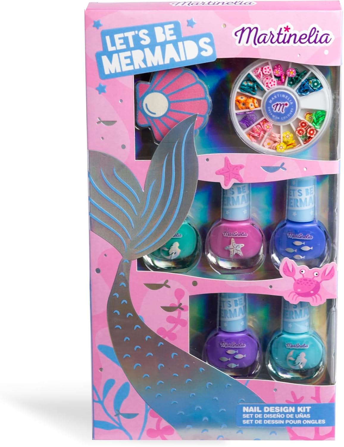 Caja del set de uñas Martinelia Let's Be Mermaids con esmaltes y rueda de gemas