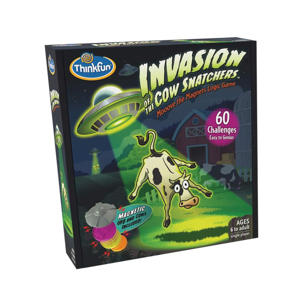 Caja del juego Invasion of the Cow Snatchers de ThinkFun con ovni y vaca en la portada