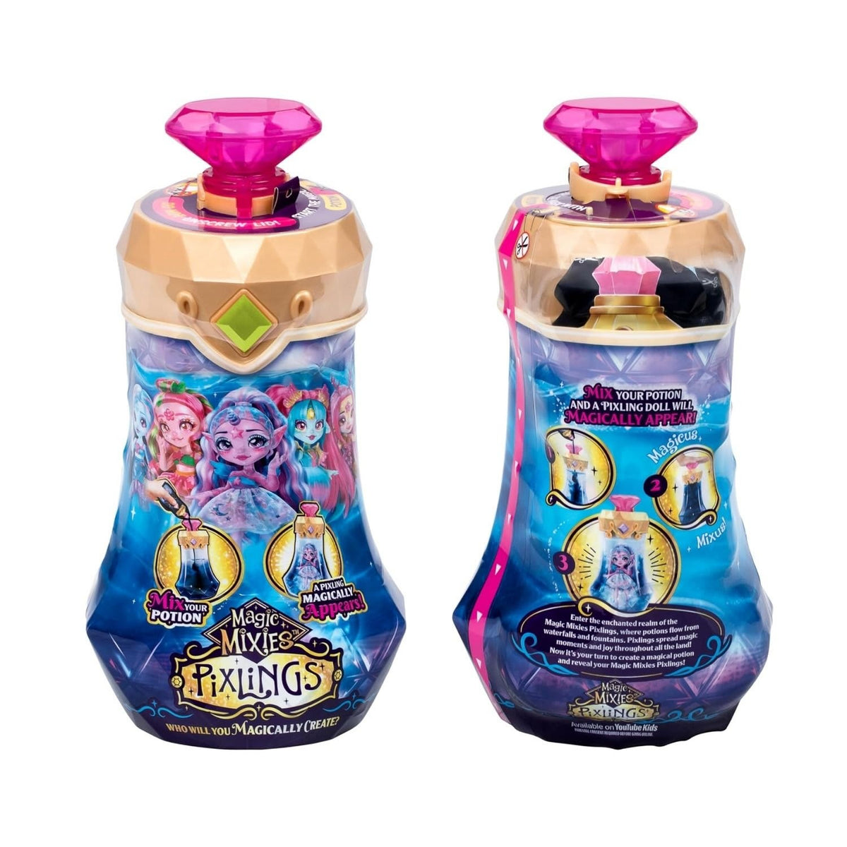 Empaque sorpresa Magic Mixies Pixlings en forma de botella de poción, frente y reverso