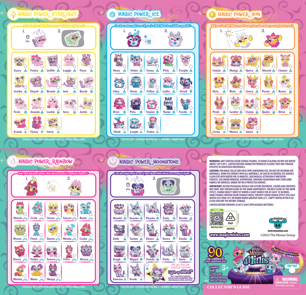 Guía de coleccionista Magic Mixies Minis Shimmerverse con los 90 personajes por poder mágico