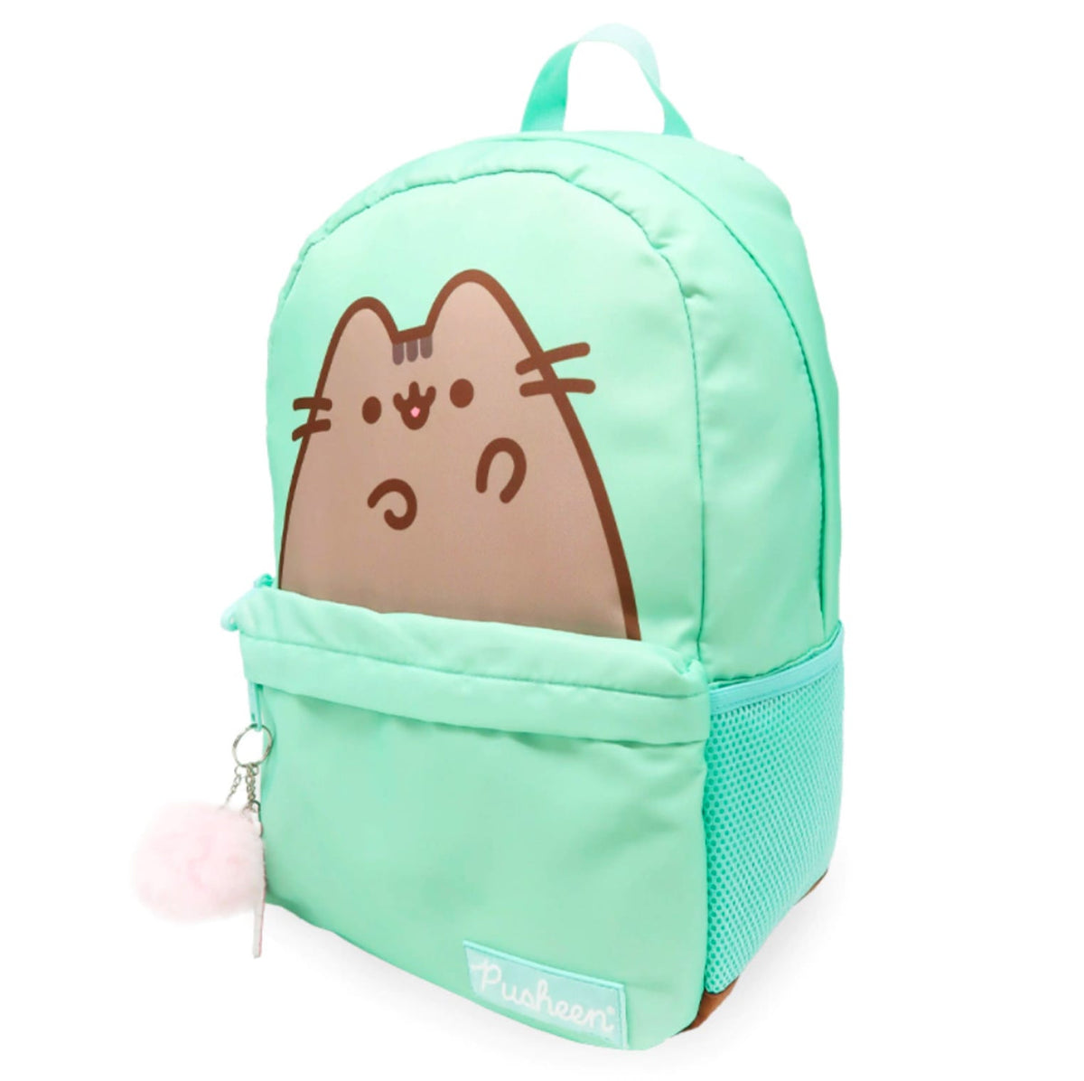 Mochila Pusheen color aqua con la cara de Pusheen y llavero pompón rosado