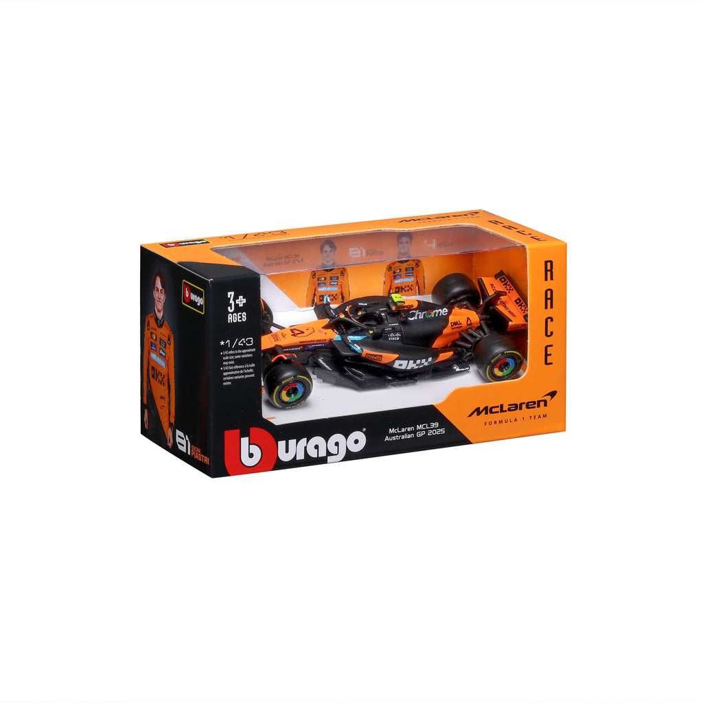 Caja de Bburago Race del McLaren MCL39 Lando Norris 2025 escala 1:43 con el auto