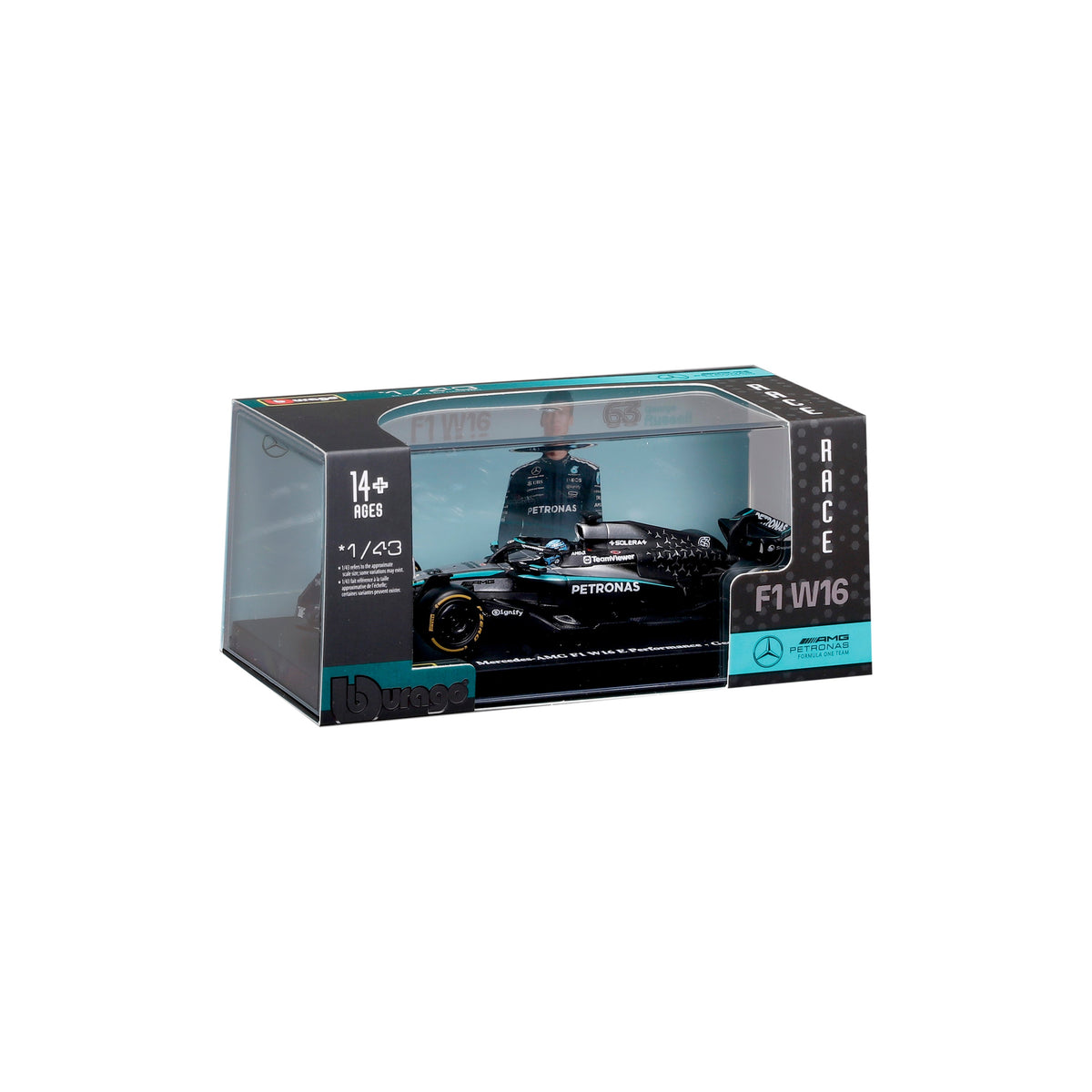 Empaque de la versión con base y vitrina del Mercedes-AMG W16