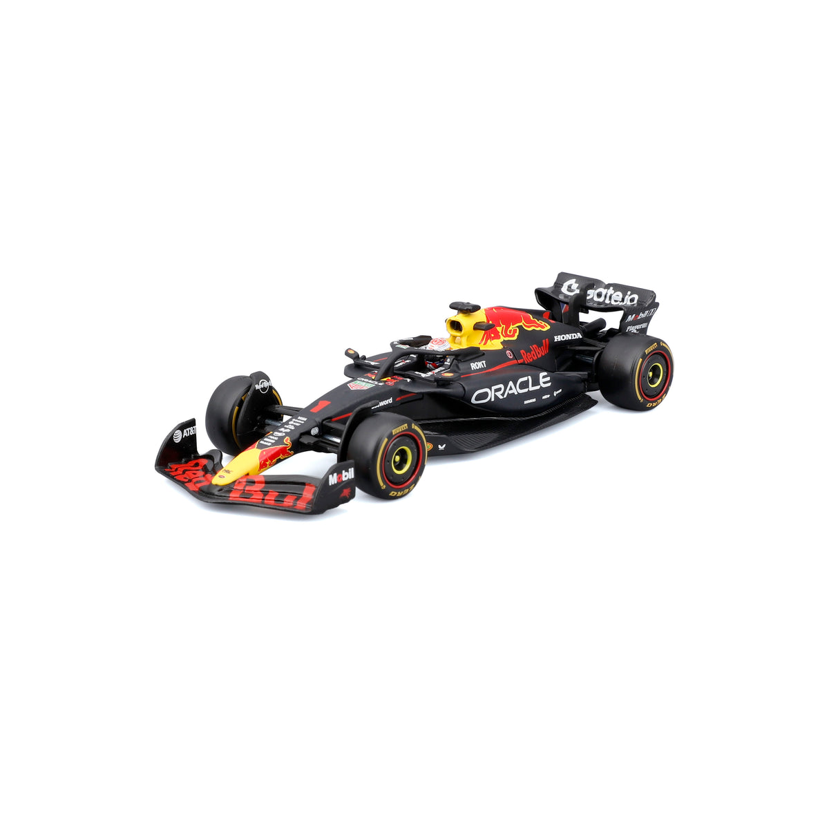 Vista lateral en diagonal del Red Bull RB21 de Verstappen con librea Oracle