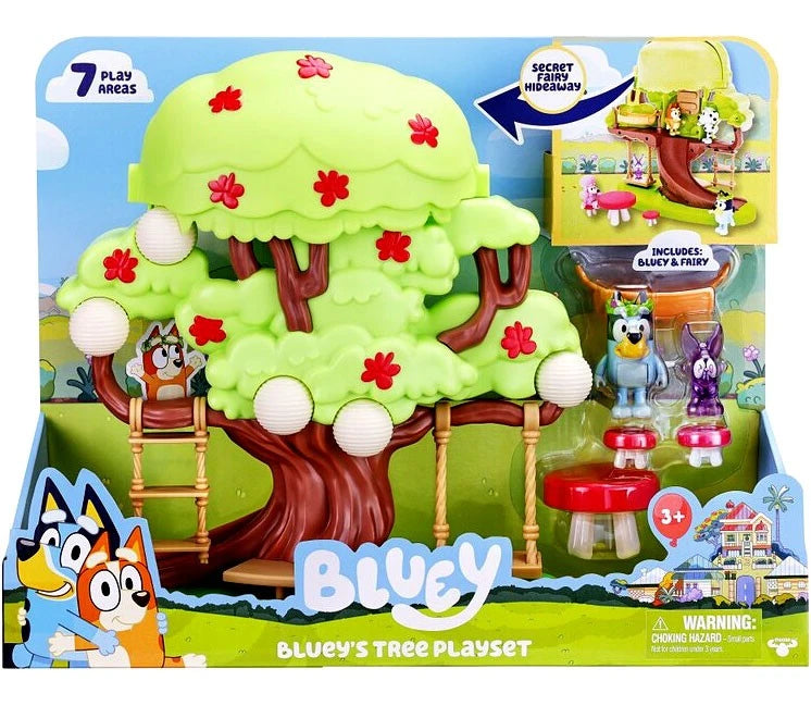 Caja del playset Bluey's Tree Playset con 7 áreas de juego y figuras de Bluey y hada