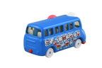 Dream Tomica No. 158 bus Doraemon azul con decoración de personajes, vista trasera lateral