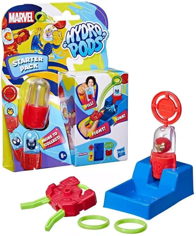 Empaque Hydro Pods Marvel Starter Pack junto a la bandeja, lanzador y cápsula