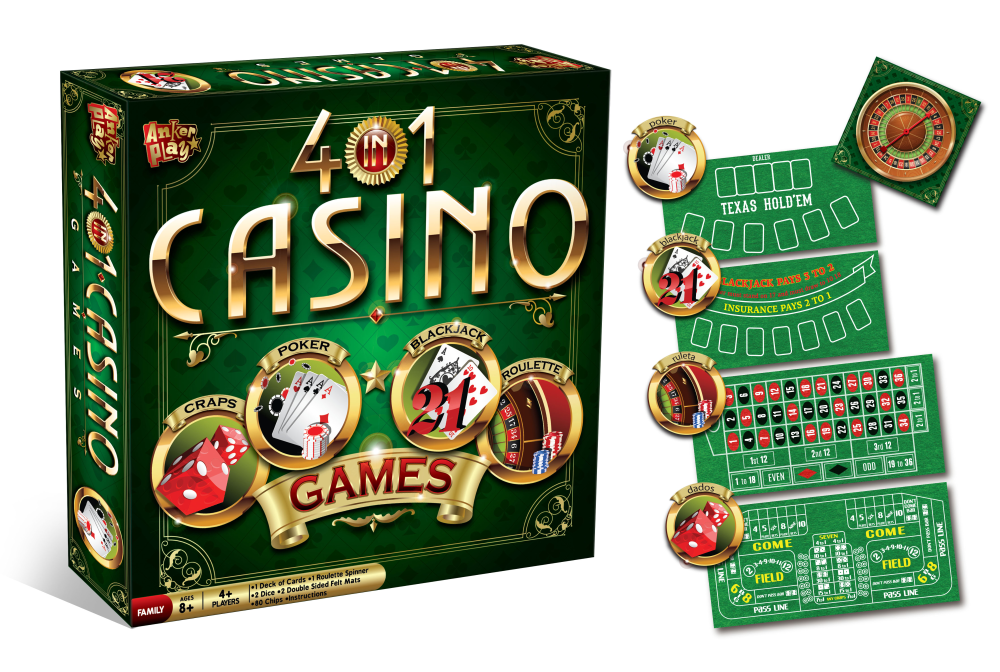 Caja del juego 4 in 1 Casino Games de Anker Play junto a los tapetes de póker, blackjack, ruleta y dados