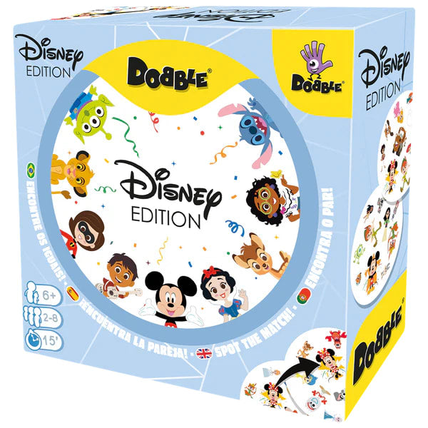 Caja redonda del juego Dobble Disney Edition vista en ángulo