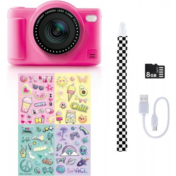 Cámara digital Pop Colour fucsia con stickers, correa, tarjeta y cable