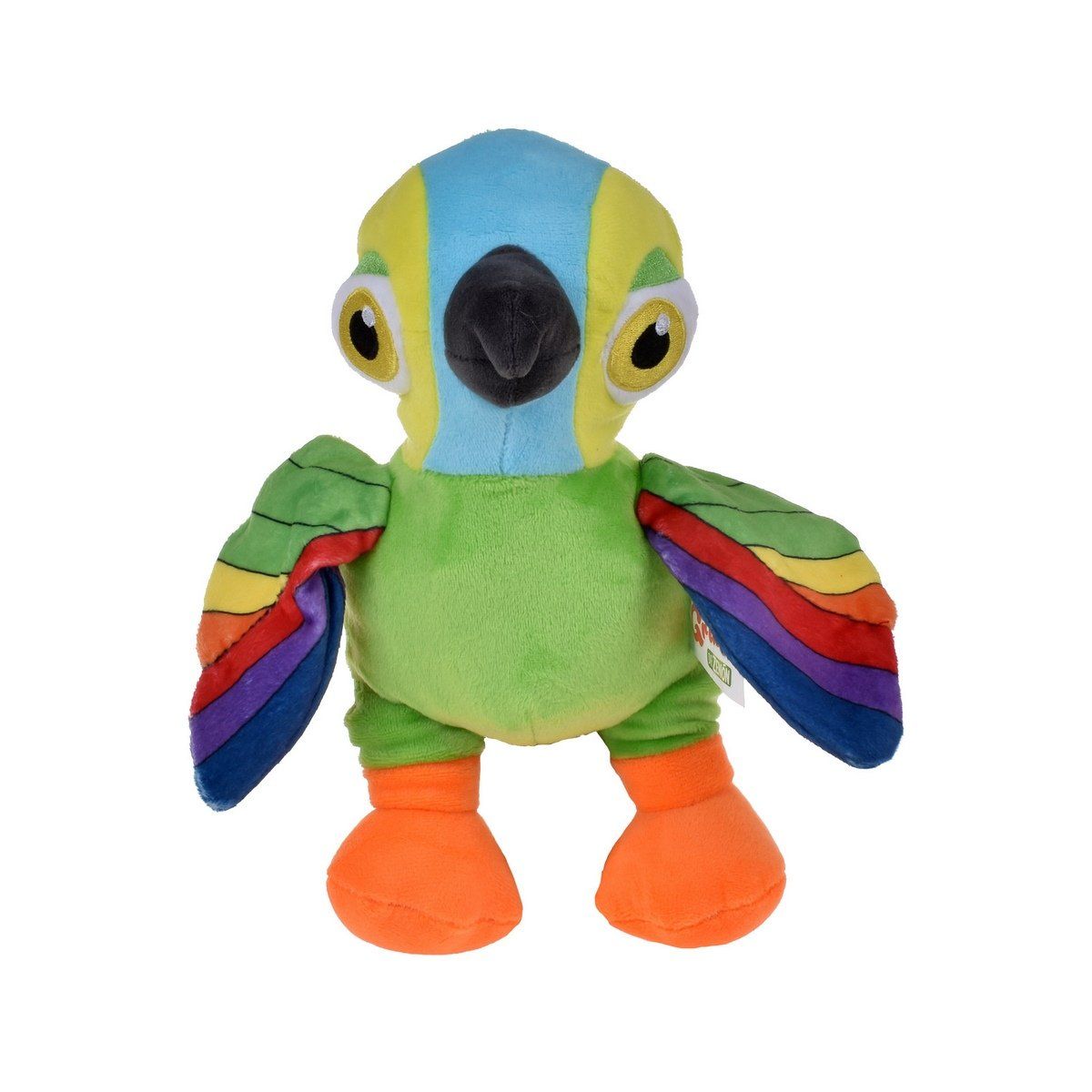 Peluche Lorito Pepe verde con alas multicolor y patas naranjas, vista frontal