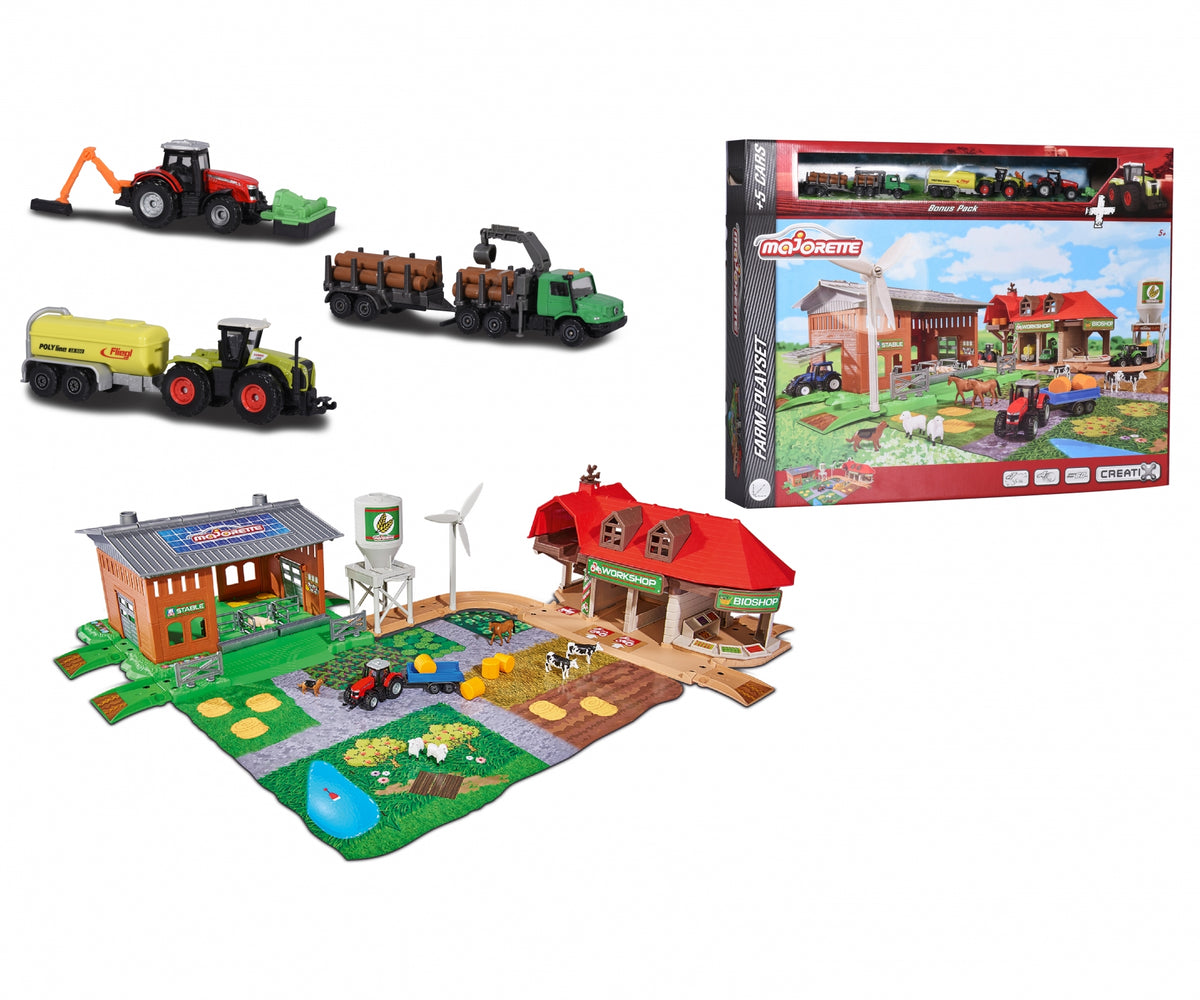 Set Majorette Creatix granja armado con vehículos agrícolas y su caja con bonus pack de autos