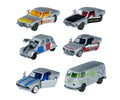 Seis autos Majorette Vintage Deluxe plateados: Mustang, Citroën 2CV, Toyota Celica y VW T1