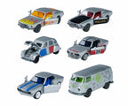 Seis autos Majorette Vintage Deluxe plateados: Mustang, Citroën 2CV, Toyota Celica y VW T1