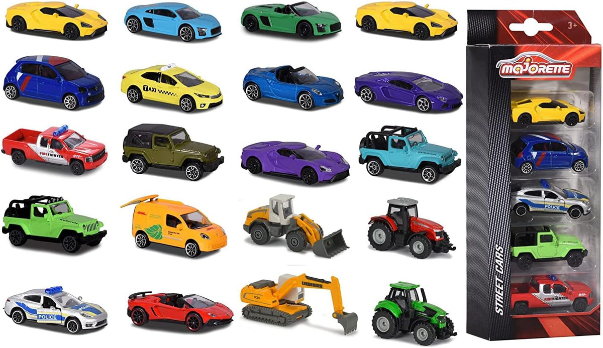 Lineup de autos Majorette que pueden venir en el set de 5: deportivos, todoterrenos, policía y tractores