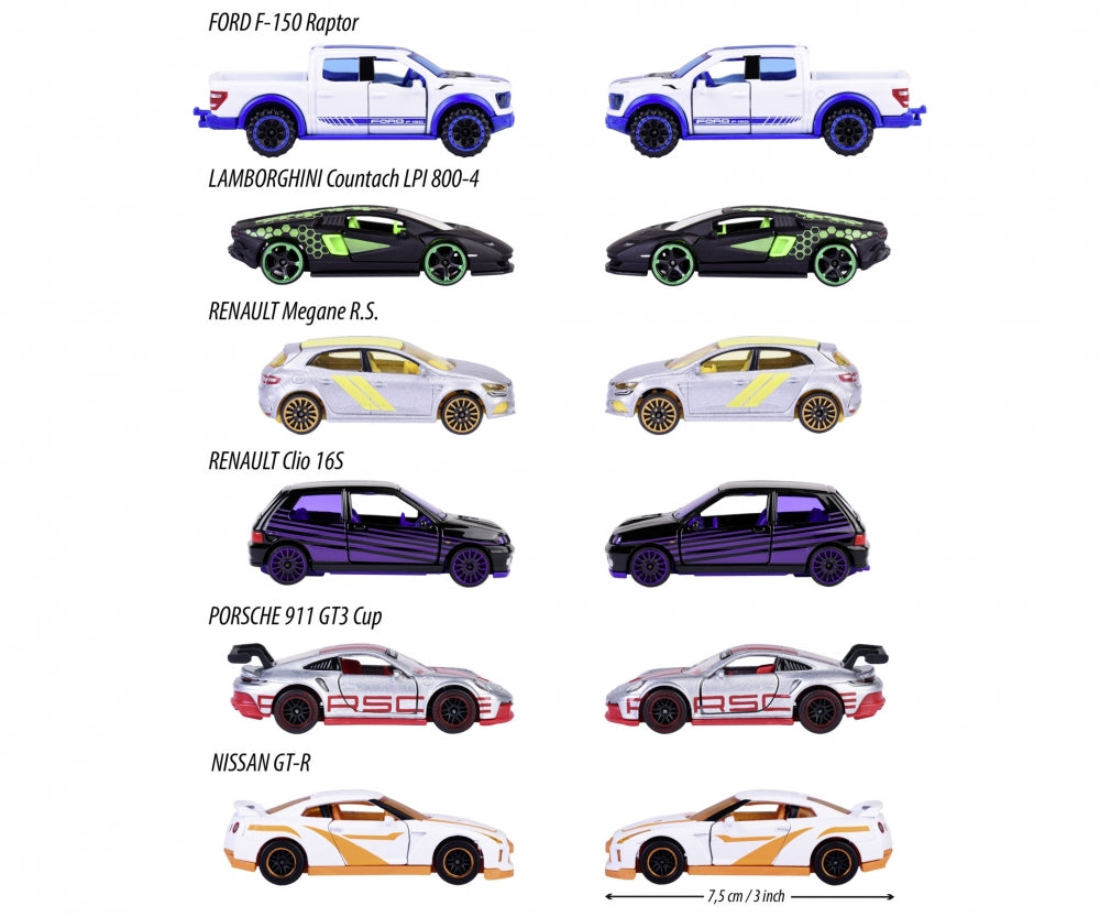 Modelos de la serie 10: Ford F-150 Raptor, Lamborghini Countach, Renault Megane, Clio, Porsche 911 y Nissan GT-R