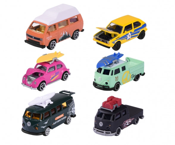 Los seis autos Majorette Volkswagen The Originals Premium: T3, Golf MK1, Escarabajo y versiones T1