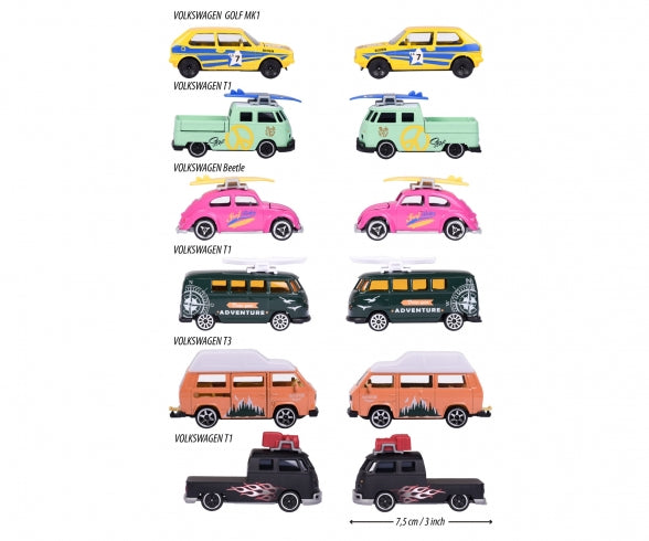 Modelos del surtido Majorette VW con sus nombres y largo de 7,5 cm