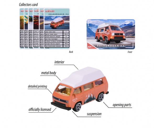 Furgoneta Volkswagen T3 Majorette con cuerpo metálico, interior y suspensión, más tarjeta coleccionable