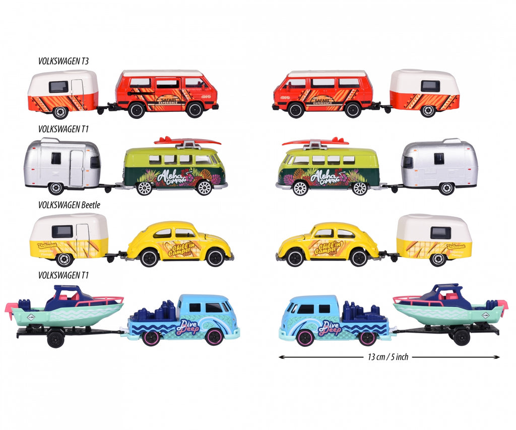 Escarabajo, T1 y T3 de Majorette con caravanas y lancha, vista lateral con medida de 13 cm