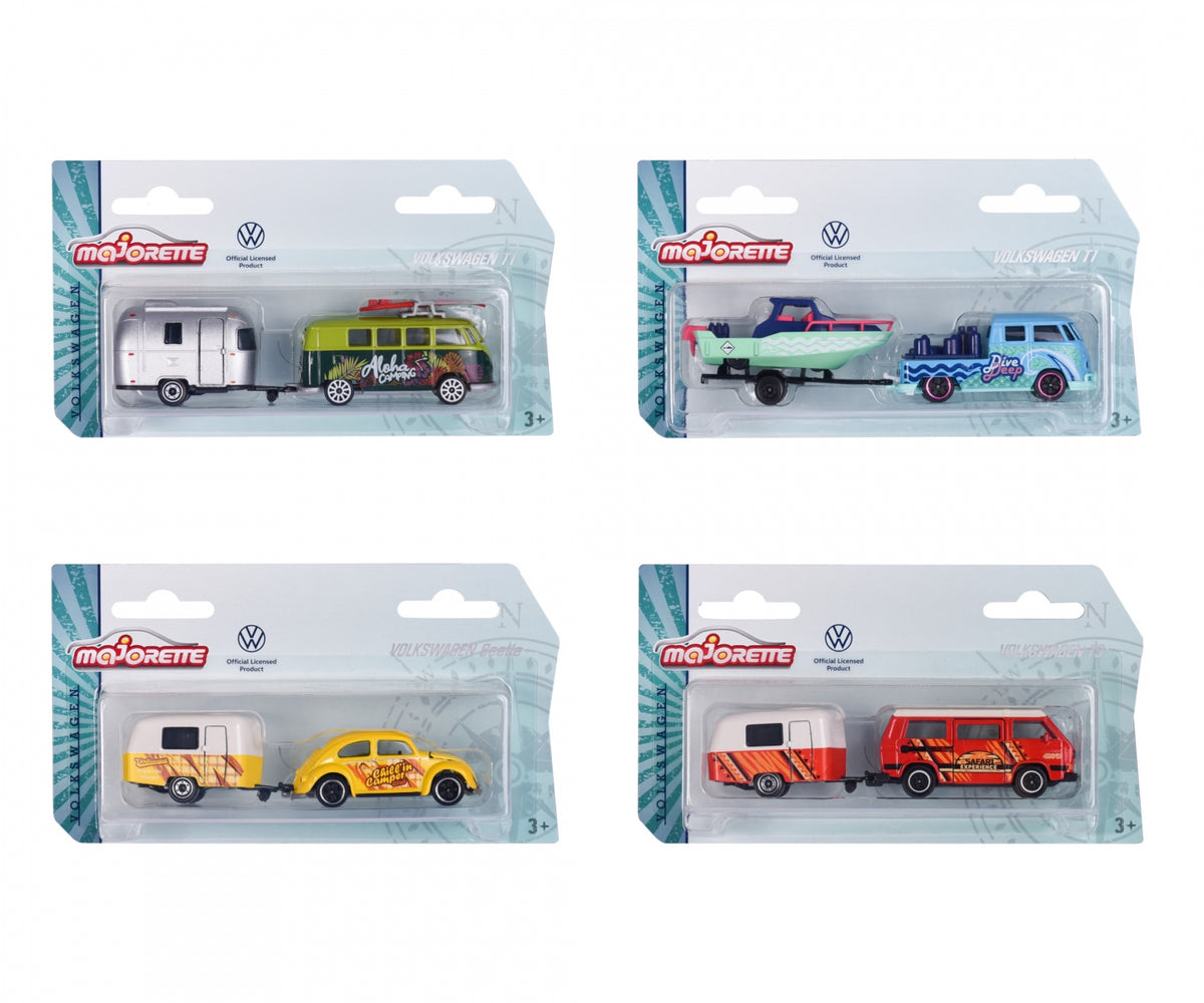 Cuatro blísteres Majorette Volkswagen The Originals con remolque
