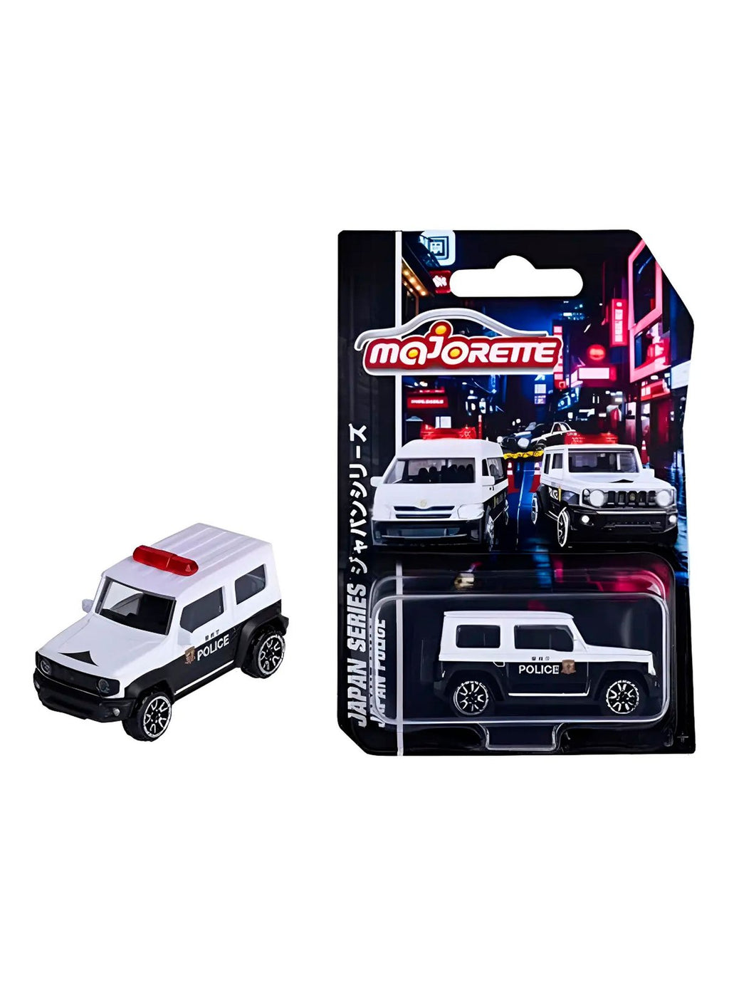 Suzuki Jimny de policía japonesa Majorette junto a su blíster Japan Series