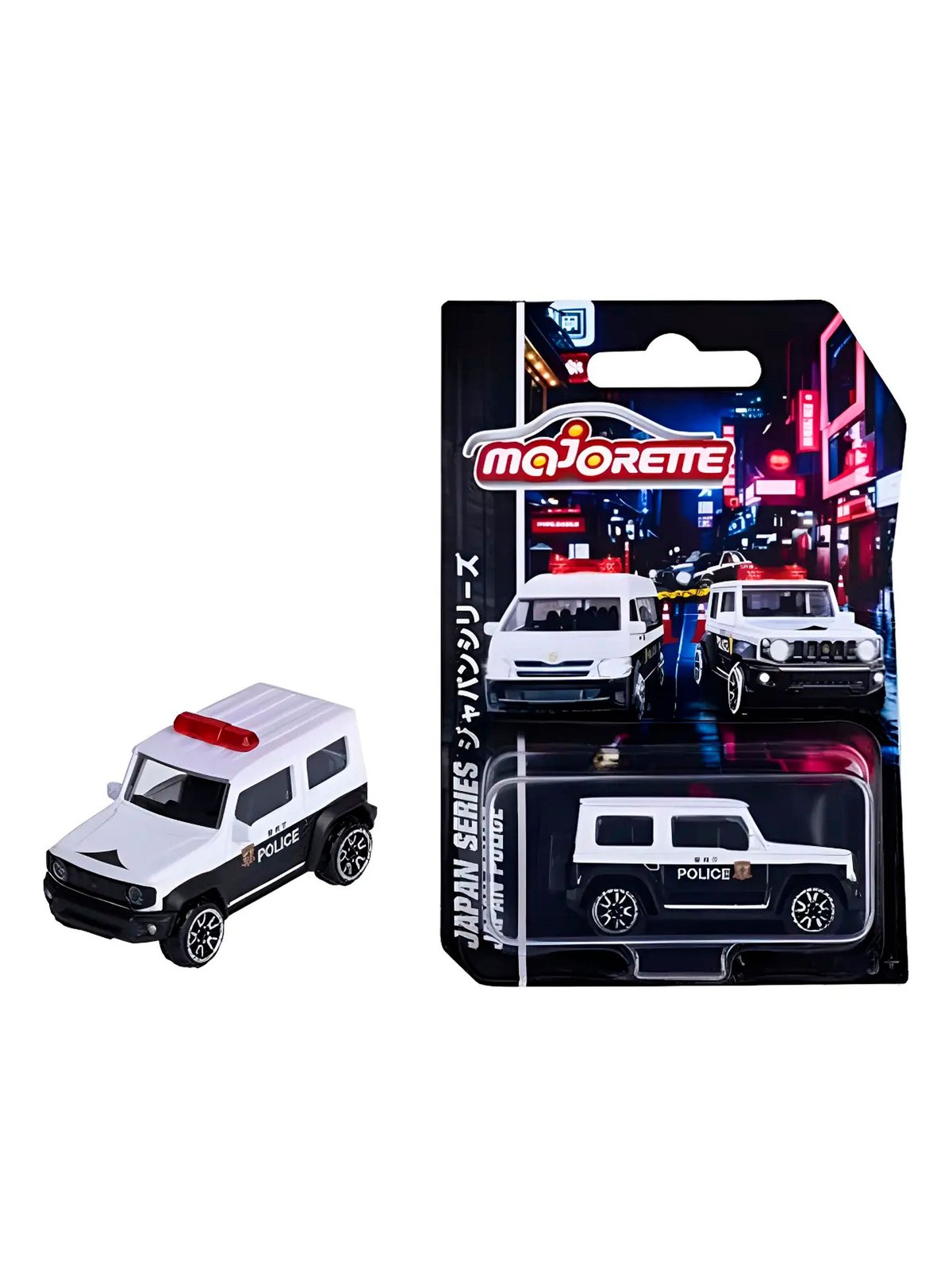 Suzuki Jimny de policía japonesa Majorette junto a su blíster Japan Series