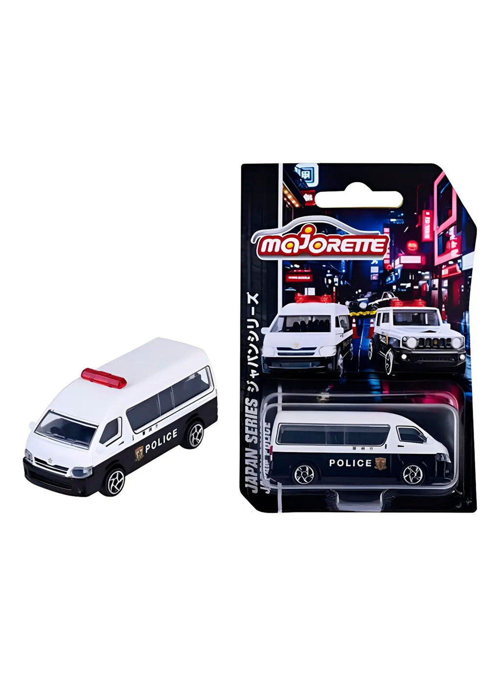 Furgón Toyota HiAce de policía japonesa Majorette junto a su blíster Japan Series