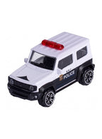 Detalle del Suzuki Jimny blanco y negro con baliza roja y emblema POLICE
